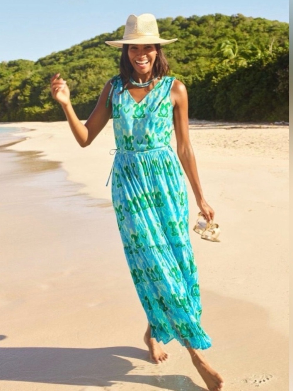 Talbots Ikat Medallion Tiered Maxi Dress, Aqua Blue Green Cotton Voile NEW